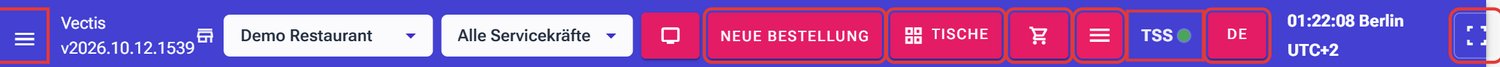 Kopfleiste auf der Seite Bestellungen, die Schaltflächen sind rot markiert