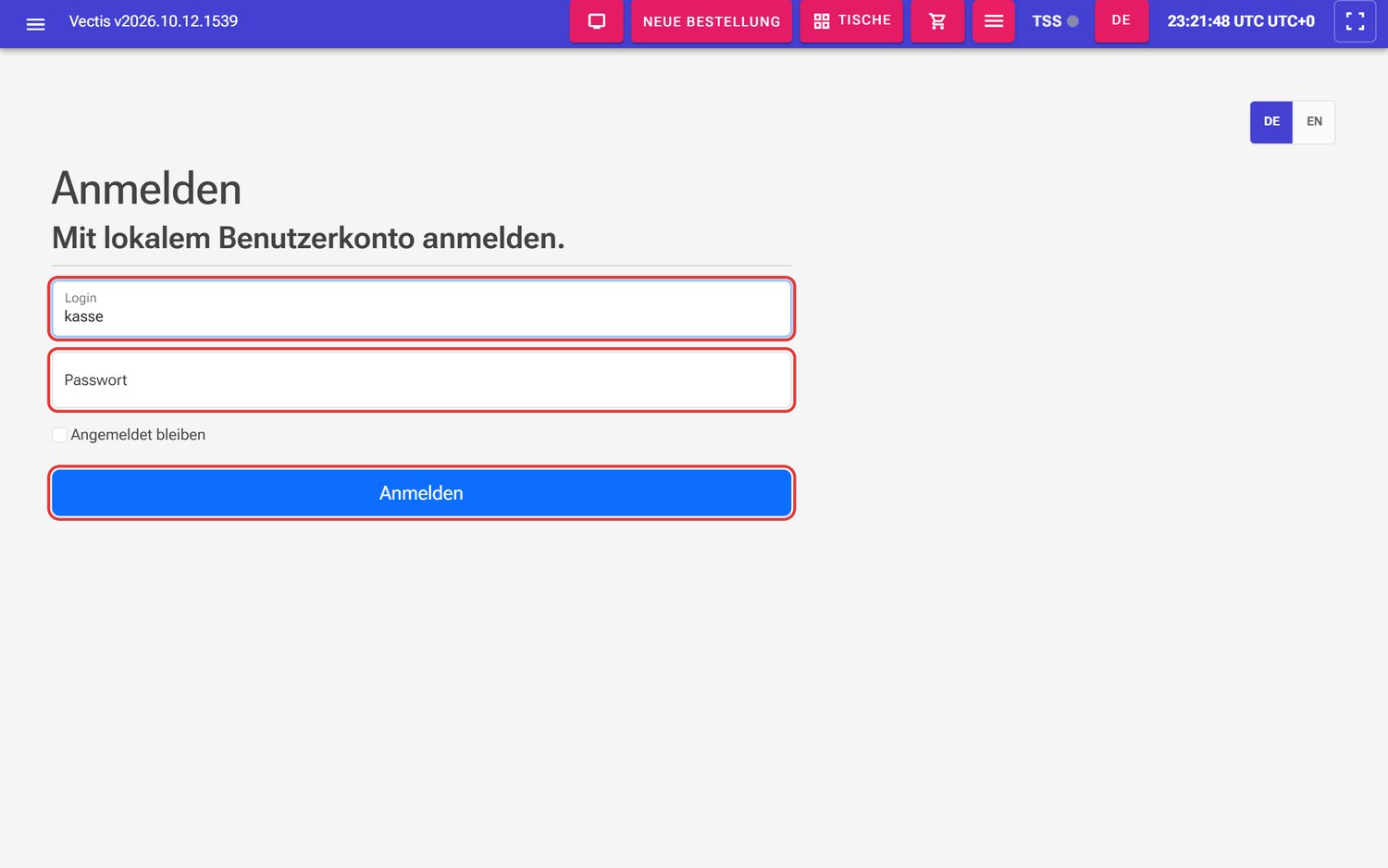 Anmeldeseite mit den Feldern Login und Passwort und der Schaltfläche Anmelden (rot markiert)