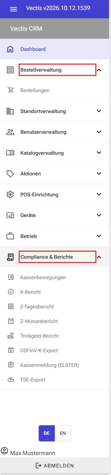 Seitenmenü als Administrator, aufgeklappt sind Bestellverwaltung und Compliance & Berichte