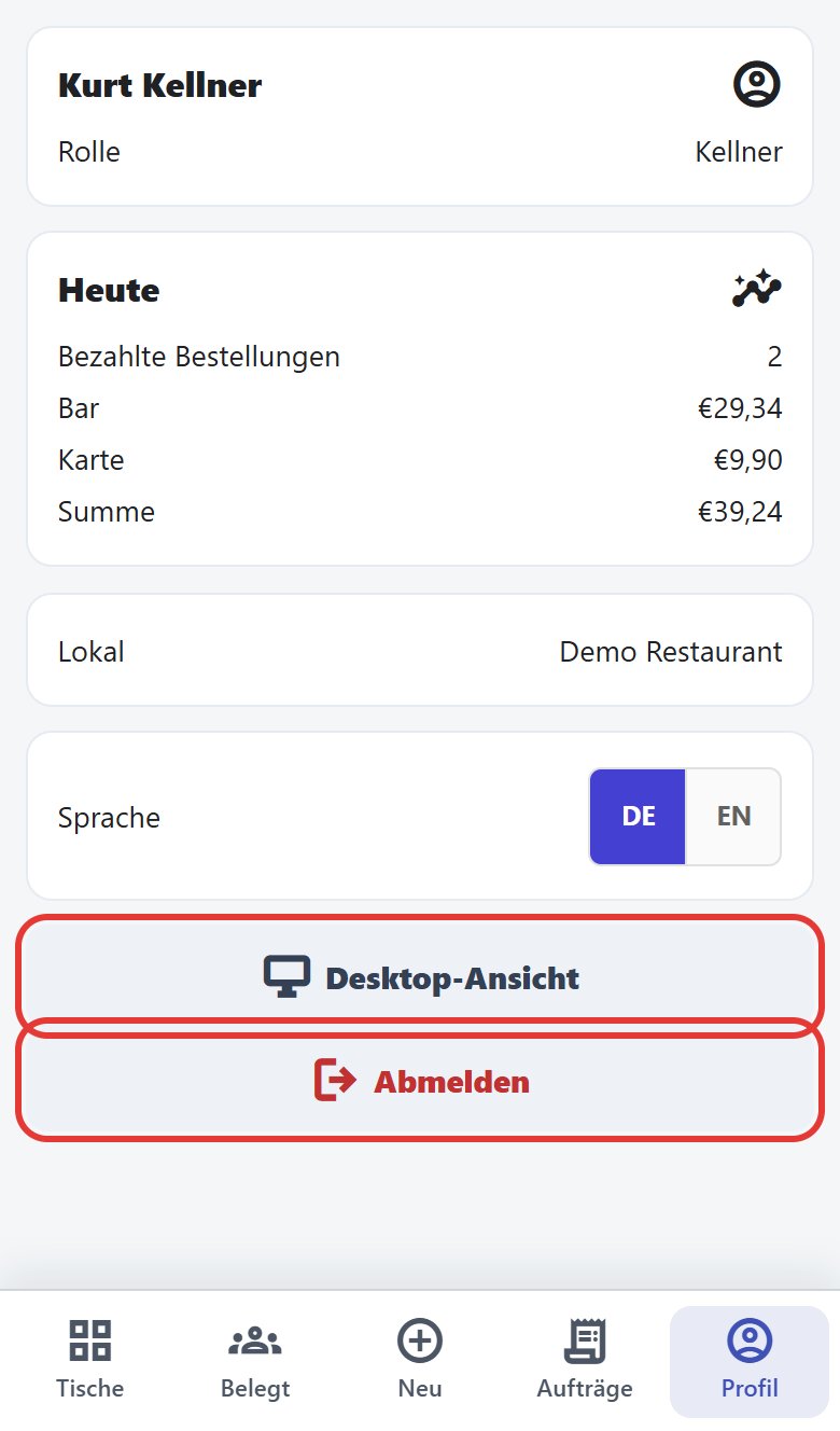 Mobiles Profil des Kellners: heute 2 bezahlte Bestellungen, Bar 29,34 €, Karte 9,90 €, Summe 39,24 €; Desktop-Ansicht und Abmelden sind rot markiert