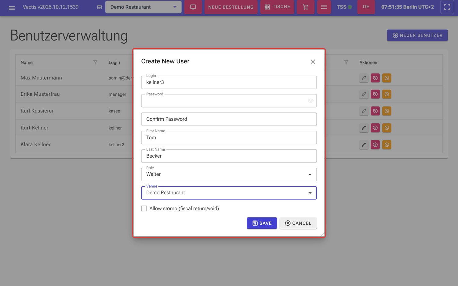 Fenster Create New User mit Login kellner3, Tom Becker, Rolle Waiter und Standort Demo Restaurant