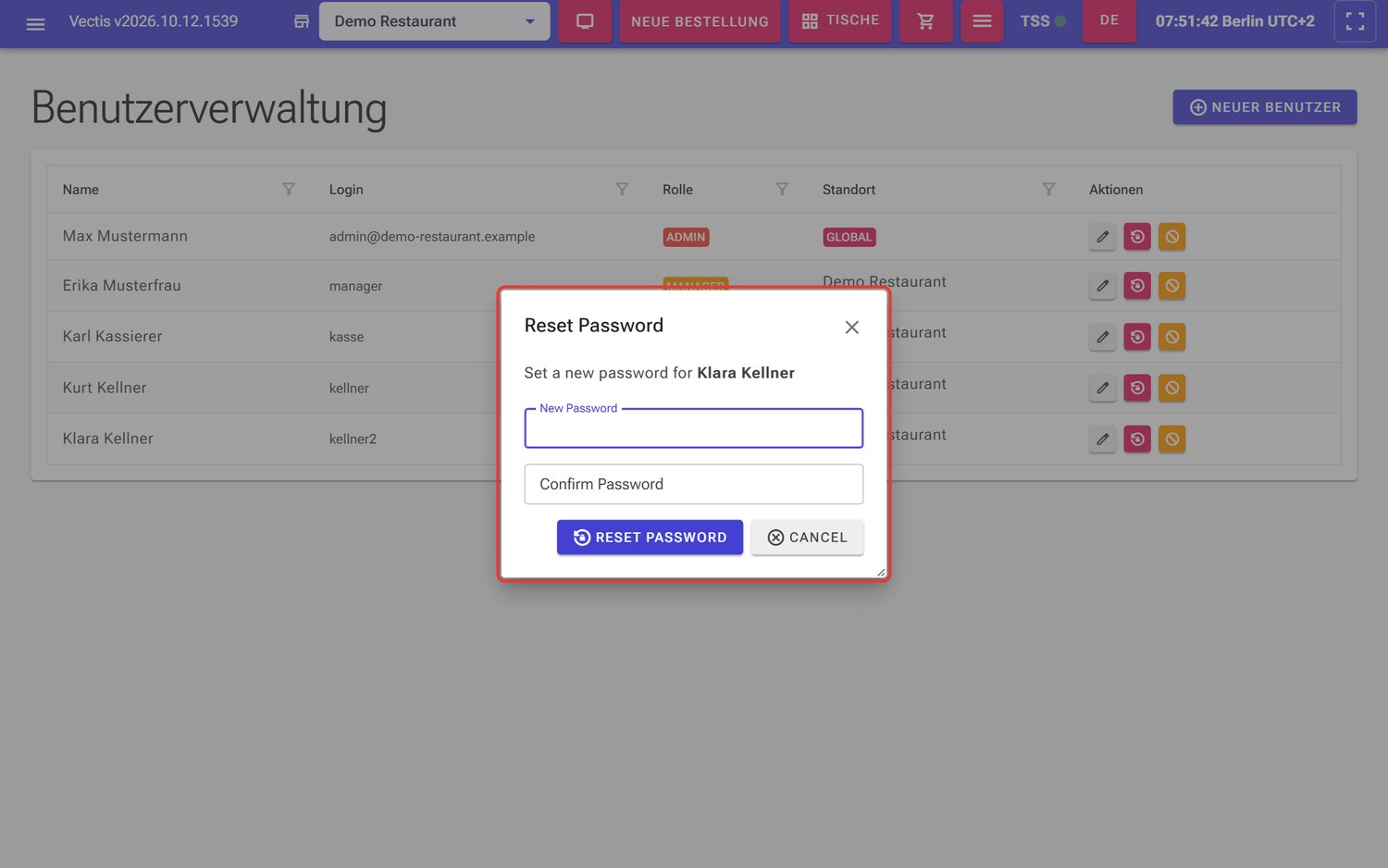 Fenster Reset Password für «Klara Kellner»