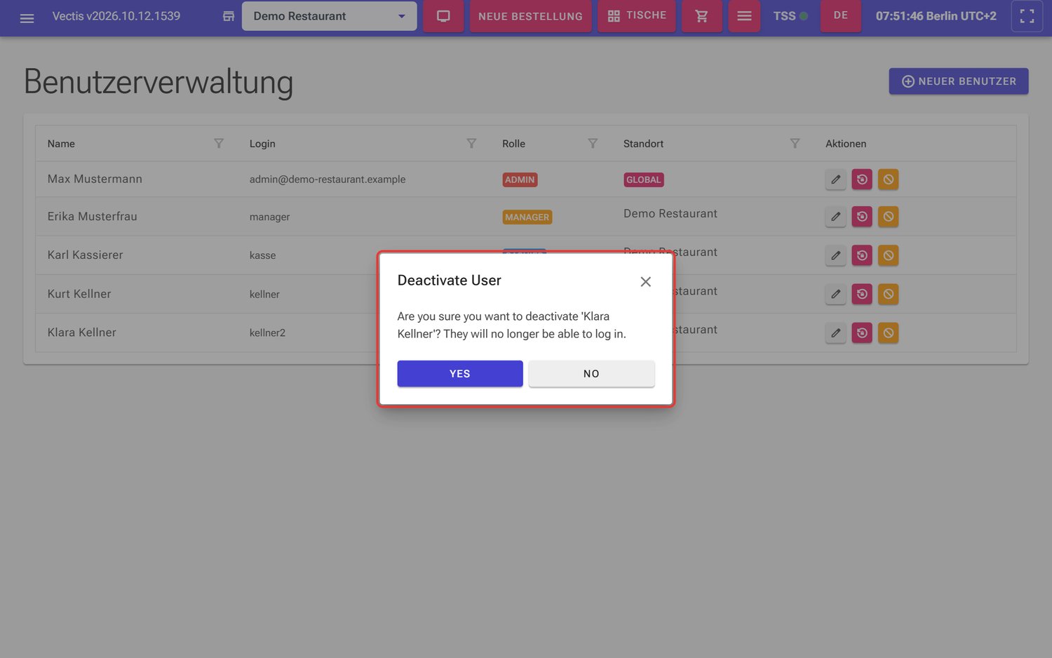 Rückfrage Deactivate User für «Klara Kellner» mit Yes und No