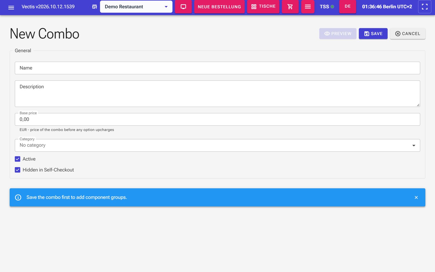 Leere Seite „New Combo“ mit dem Hinweis „Save the combo first to add component groups.“