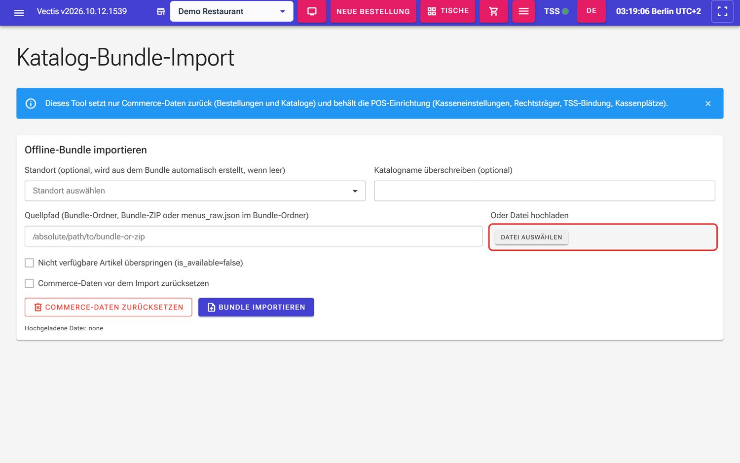 Seite „Katalog-Bundle-Import“; rot markiert ist das Feld „Oder Datei hochladen“ für die Bundle-Datei