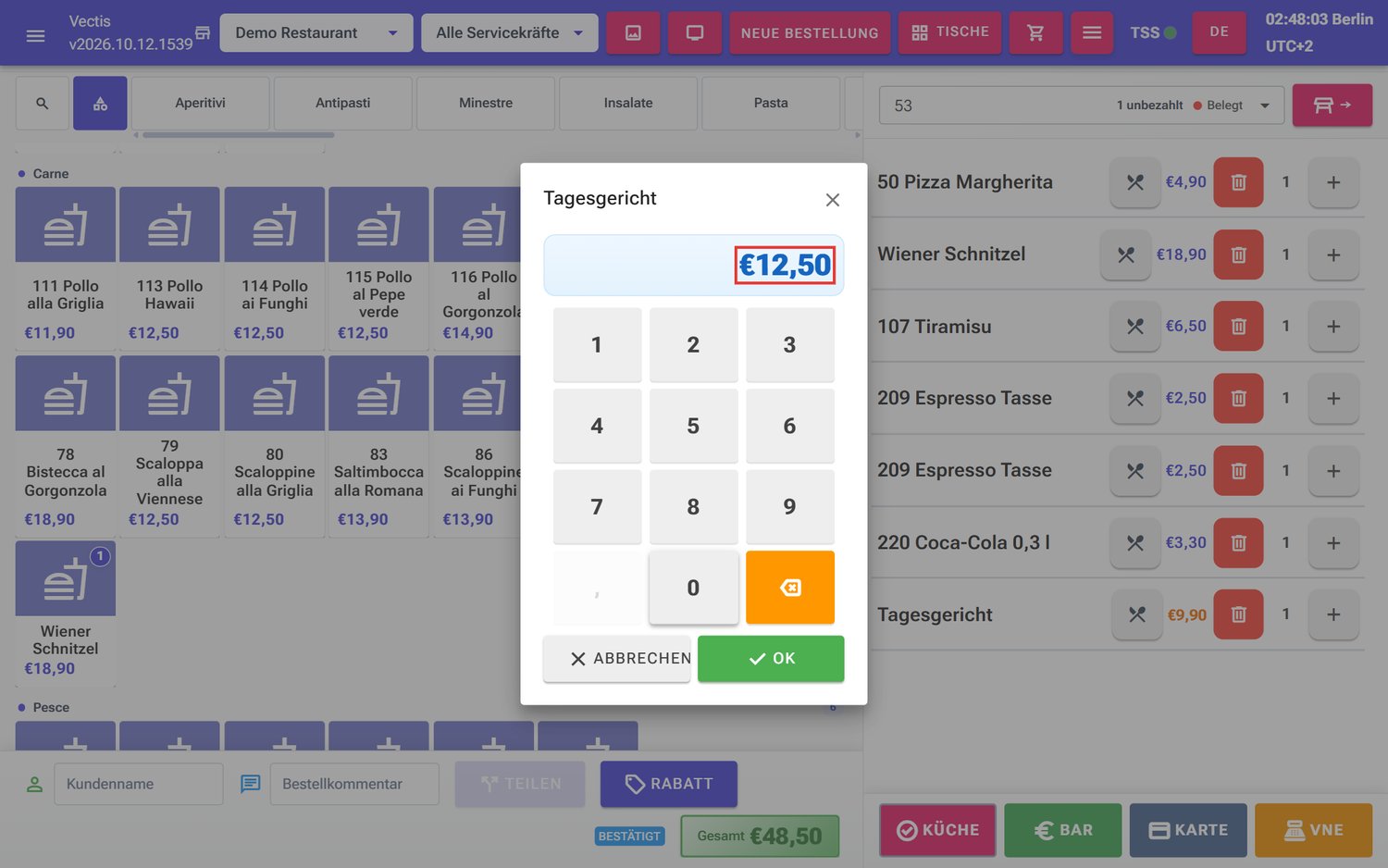 Ziffernblock „Tagesgericht“ mit dem eingegebenen Preis 12,50 €