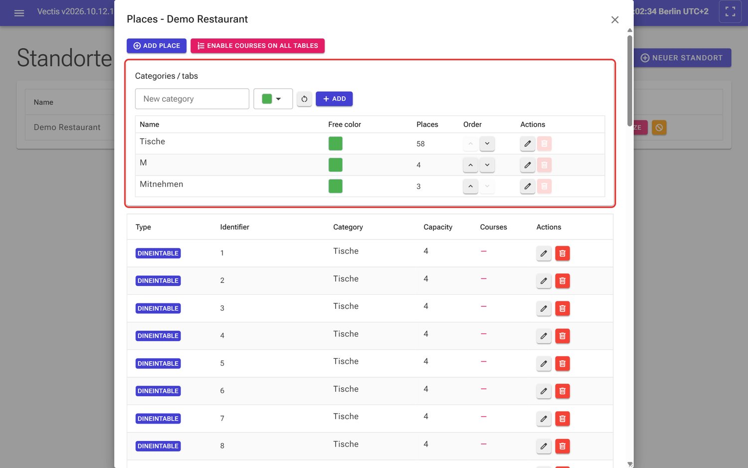 Dialog «Places - Demo Restaurant» mit dem Block «Categories / tabs» (rot markiert)