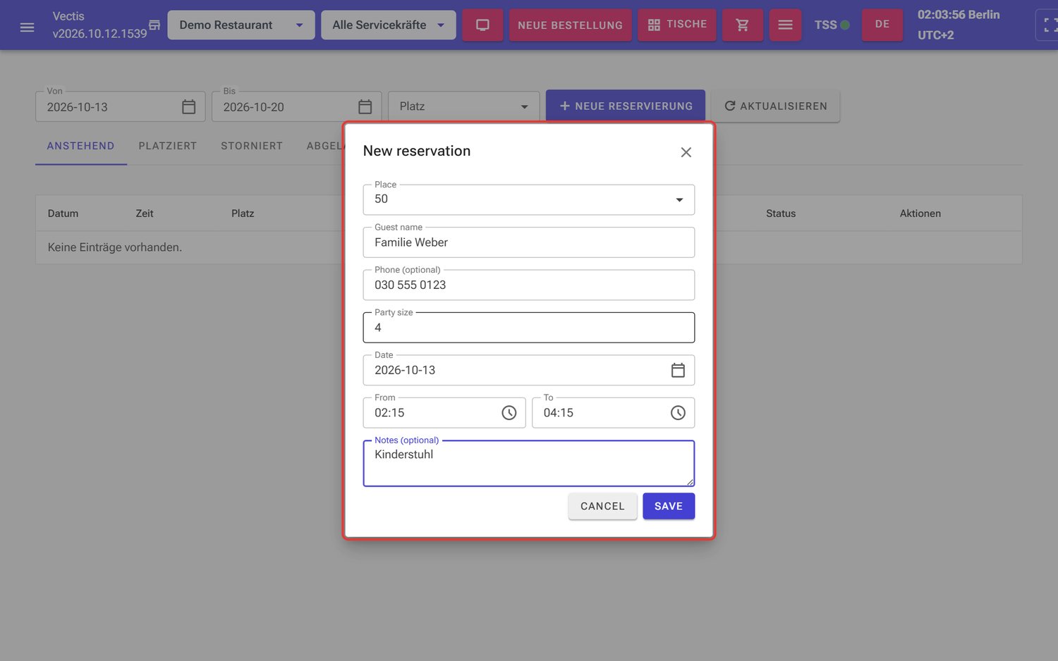 Dialog «New reservation» mit den Angaben für Familie Weber
