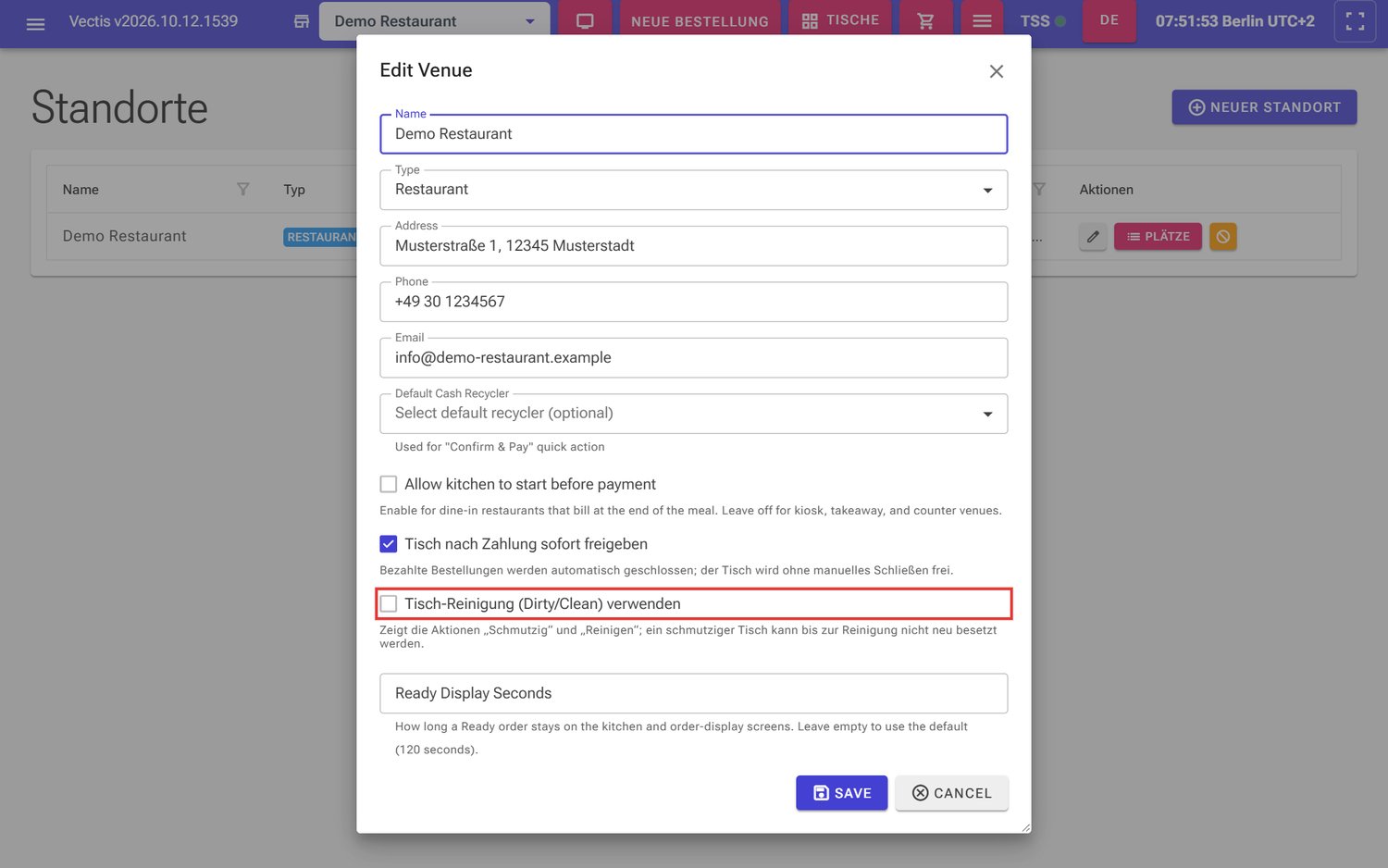 Dialog «Edit Venue», Option «Tisch-Reinigung (Dirty/Clean) verwenden» rot markiert