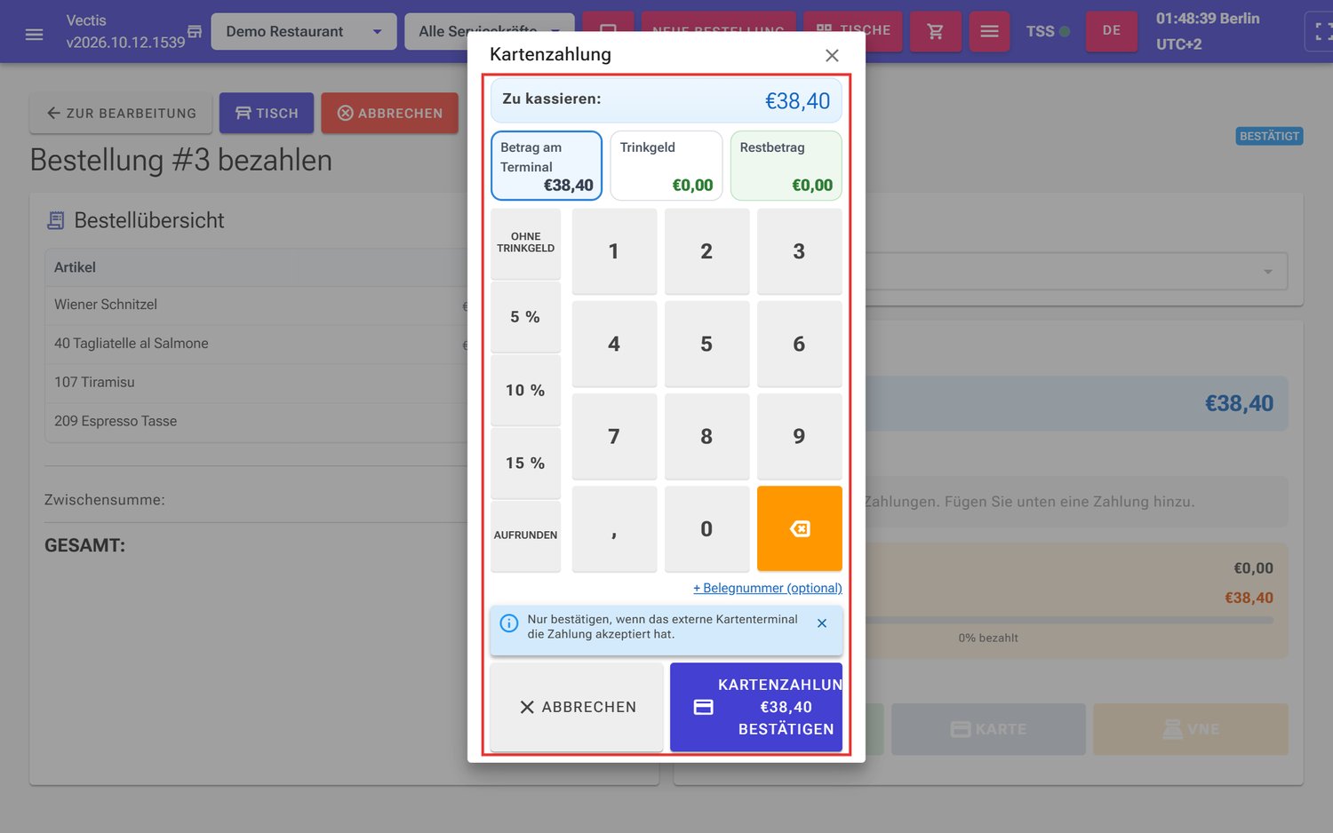 Fenster Kartenzahlung über 38,40 €, noch ohne Trinkgeld