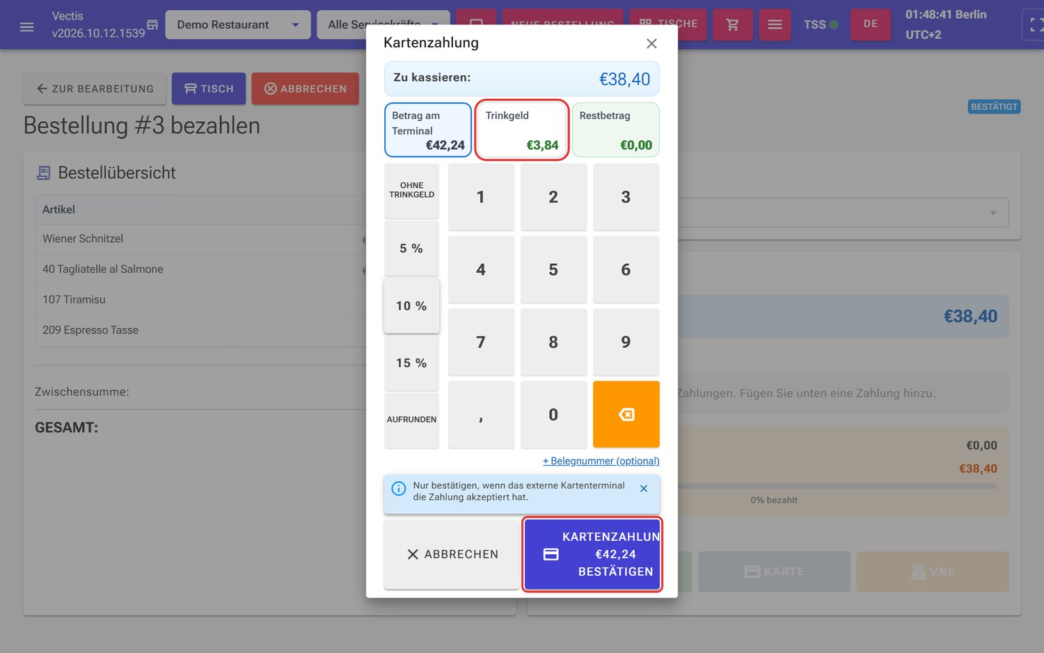10 % Trinkgeld: Trinkgeld 3,84 €, Betrag am Terminal 42,24 €