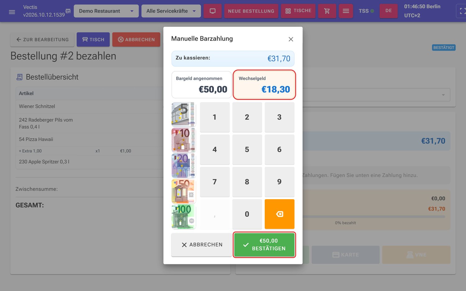 50 € angenommen, Wechselgeld 18,30 € (rot markiert)