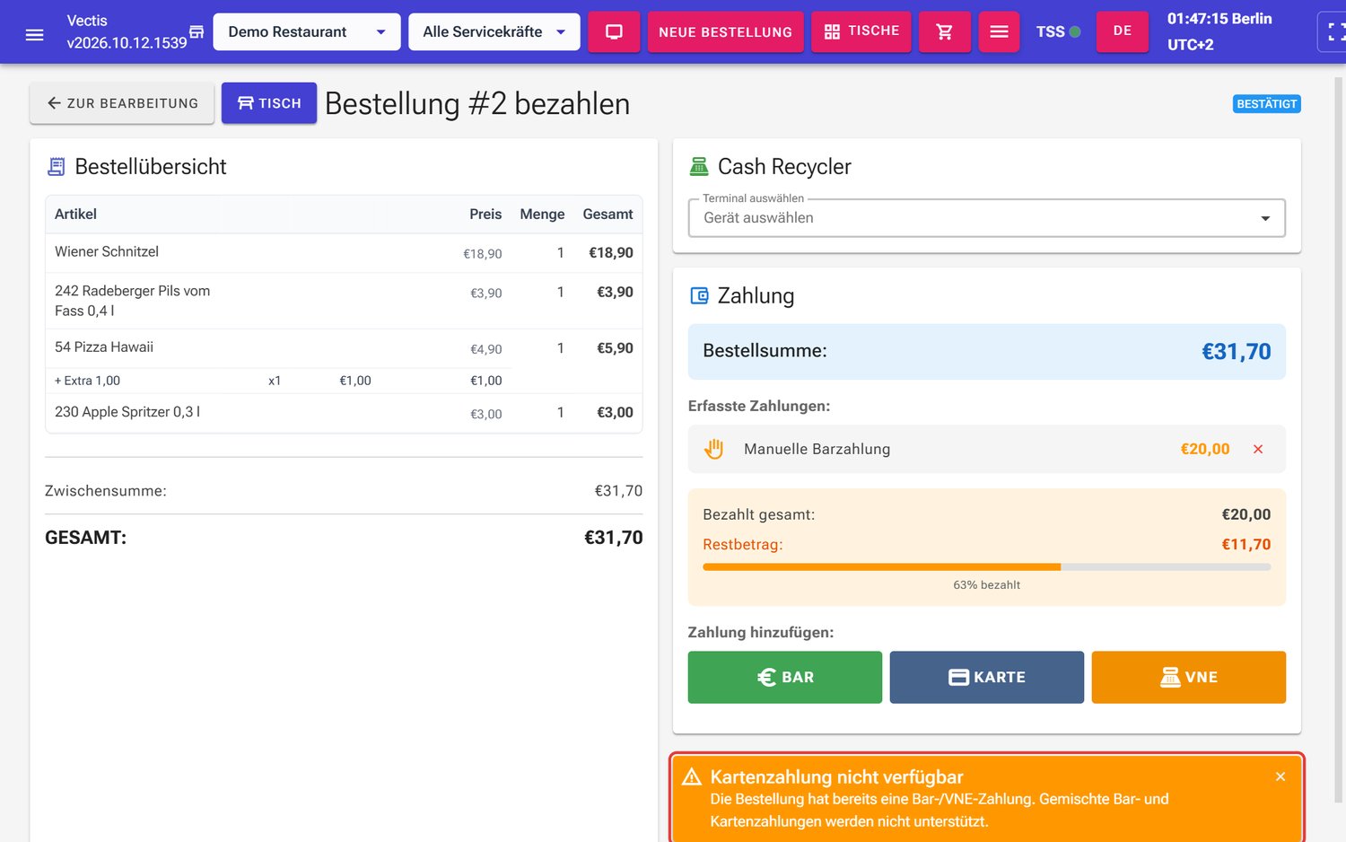 Hinweis Kartenzahlung nicht verfügbar nach einer Barzahlung von 20,00 € (rot markiert)
