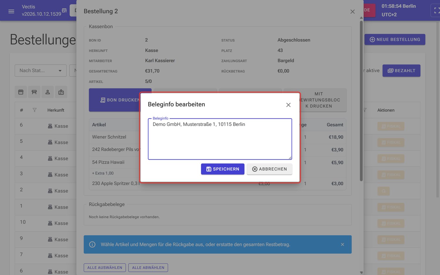 Fenster Beleginfo bearbeiten mit einer Beispiel-Anschrift