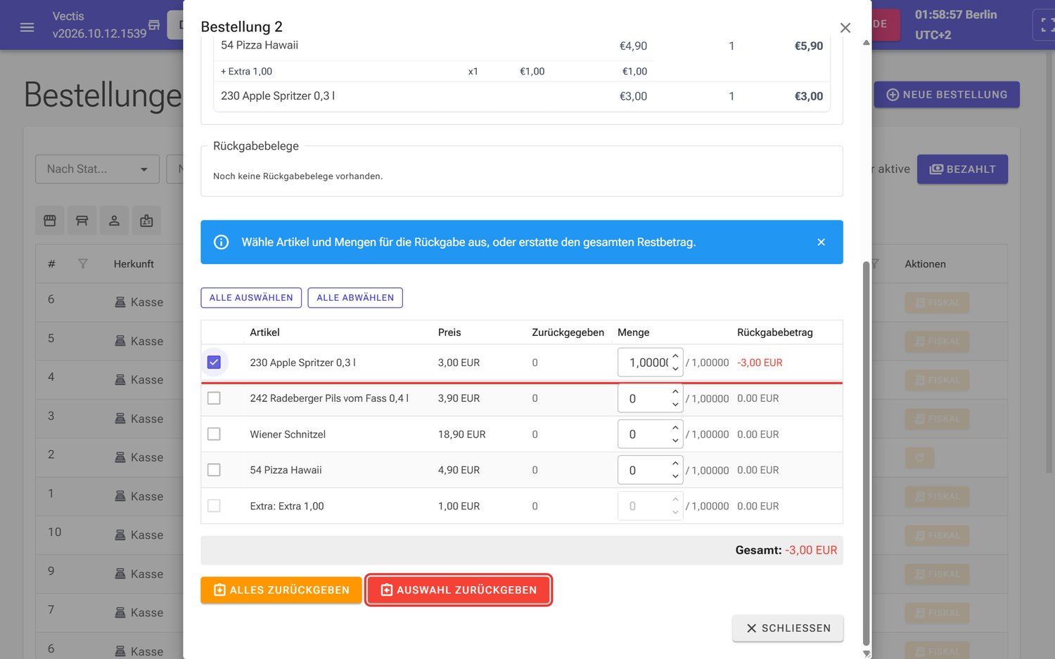 Apple Spritzer zur Rückgabe ausgewählt, Gesamt −3,00 EUR, Schaltfläche Auswahl zurückgeben (rot markiert)