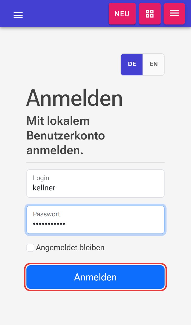 Anmeldung am Handy als «kellner», Schaltfläche Anmelden (rot markiert)