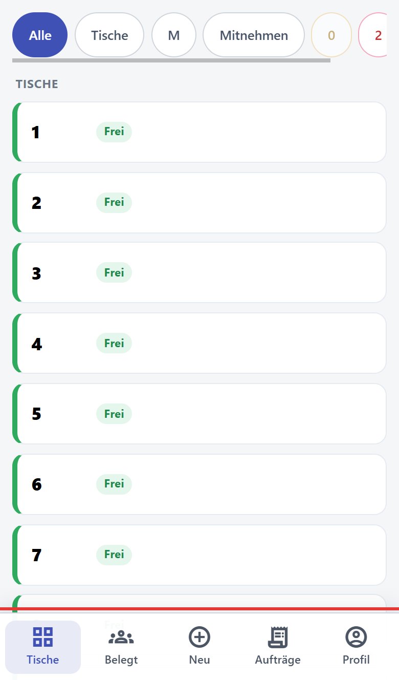 Tischliste am Handy mit Bereichsfiltern oben und Navigationsleiste unten