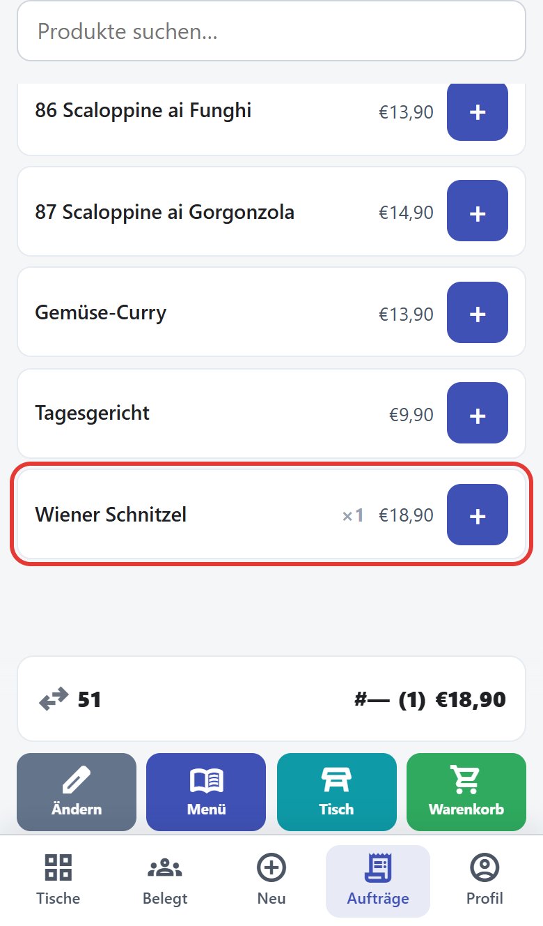 Produktliste: Wiener Schnitzel ×1 hinzugefügt, Summe 18,90 €