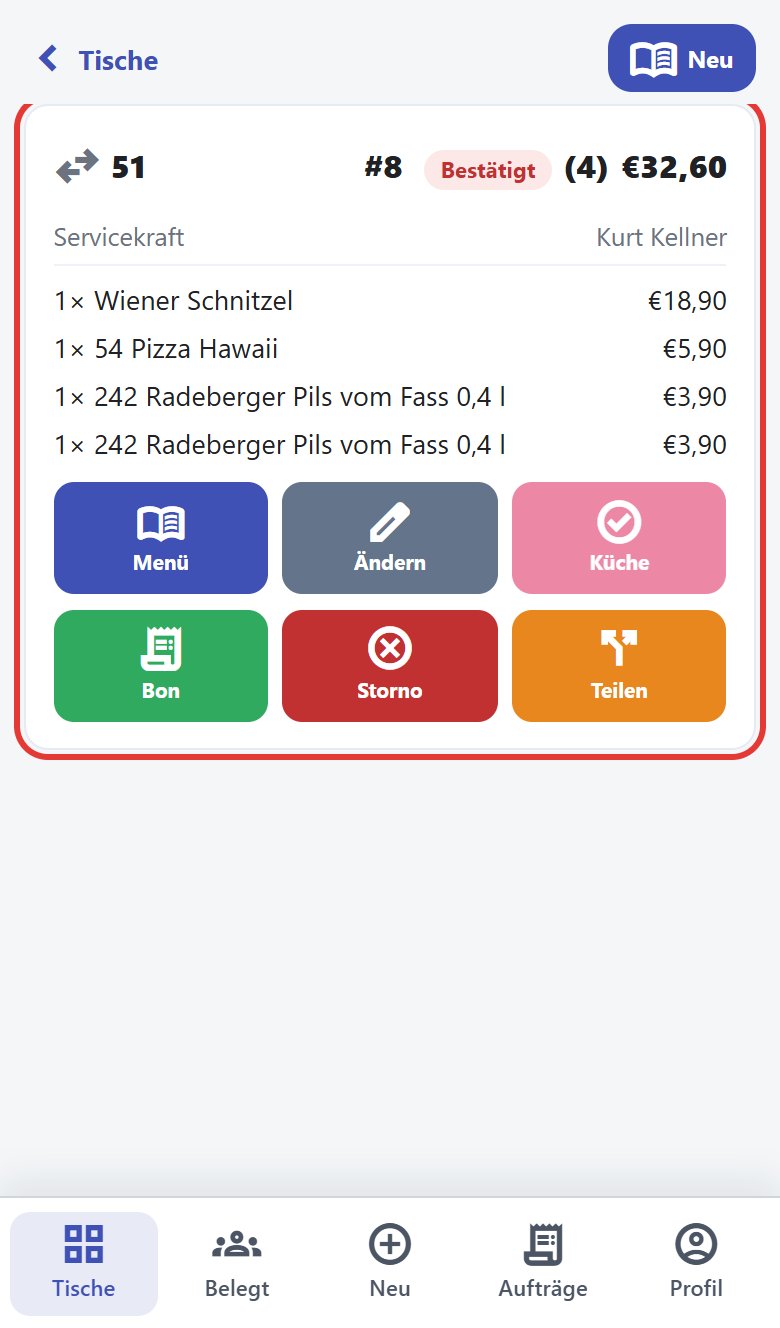 Tisch 51 mit Bestellung #8: Bestätigt, 4 Positionen, 32,60 €