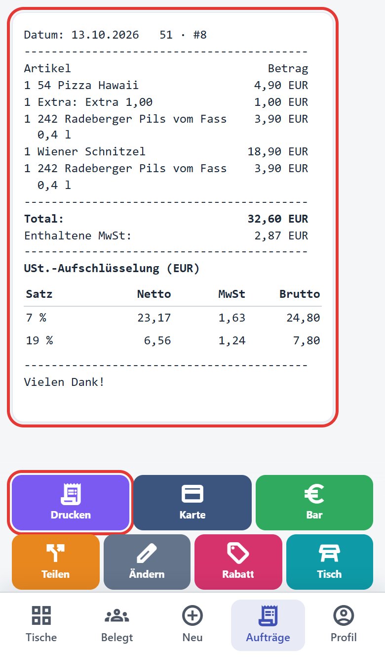 Rechnung für Tisch 51, Bestellung #8 über 32,60 €, Knopf Drucken (rot markiert)
