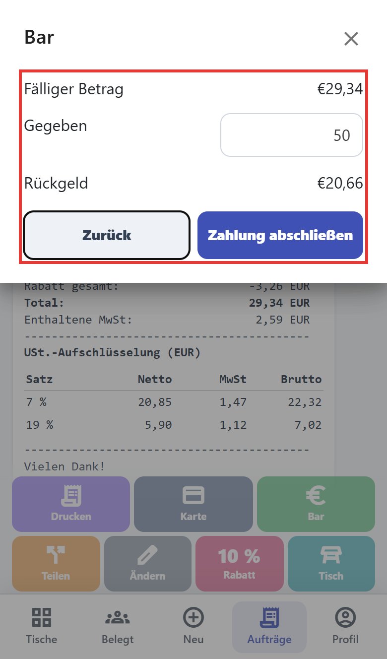 Fenster Bar: fällig 29,34 €, gegeben 50, Rückgeld 20,66 €