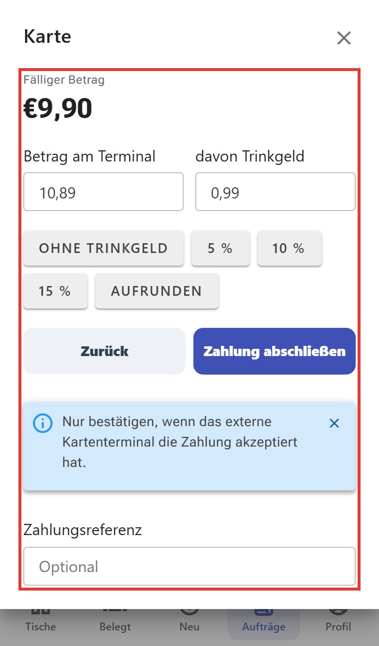 Fenster Karte: fällig 9,90 €, Betrag am Terminal 10,89, davon Trinkgeld 0,99