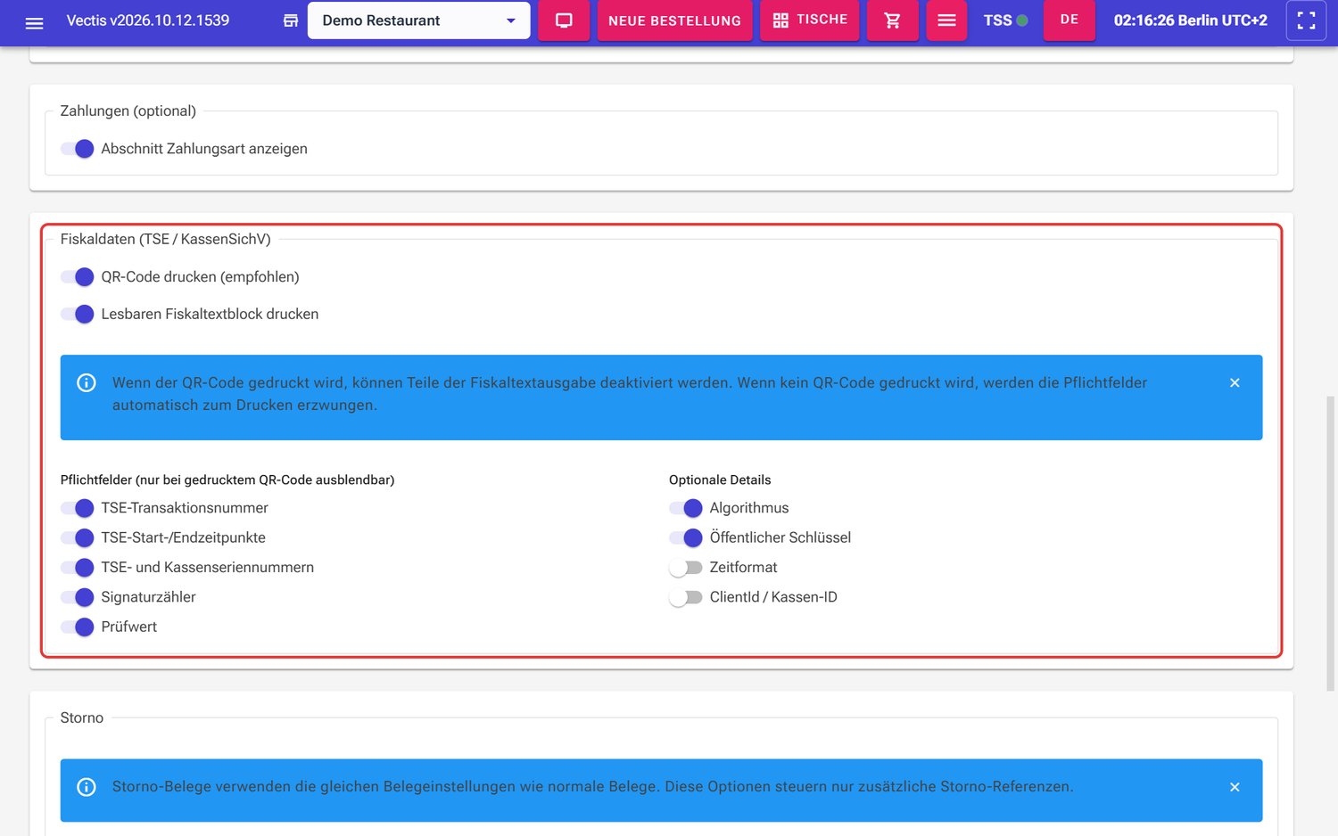 Bereich Fiskaldaten (TSE / KassenSichV) mit Pflichtfeldern und optionalen Details