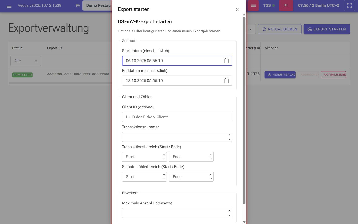 Fenster Export starten mit Zeitraum, Client und Zähler und Erweitert