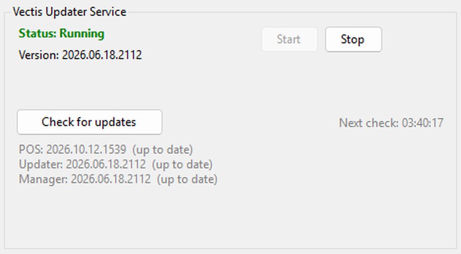 Versionsübersicht nach Check for updates: POS, Updater und Manager „up to date“
