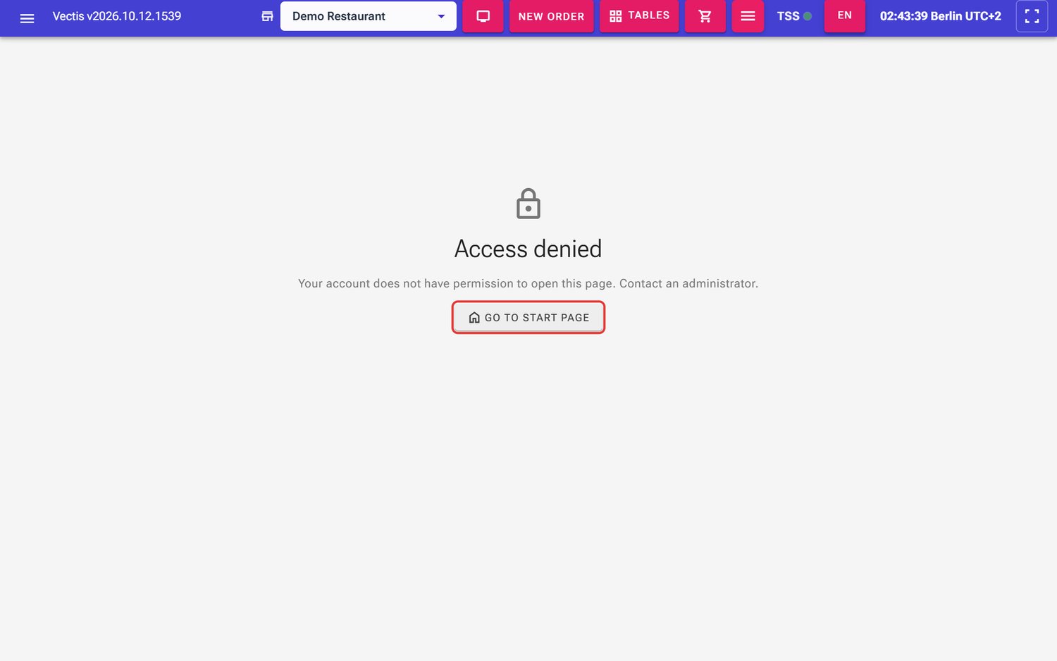 Access denied page with the Go to start page button (outlined in red)