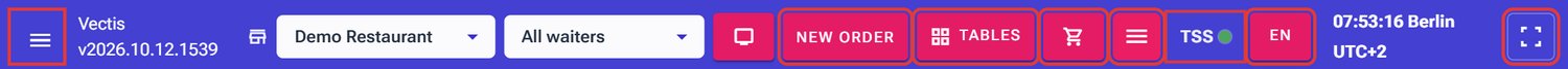Header bar on the Orders page, the buttons are outlined in red