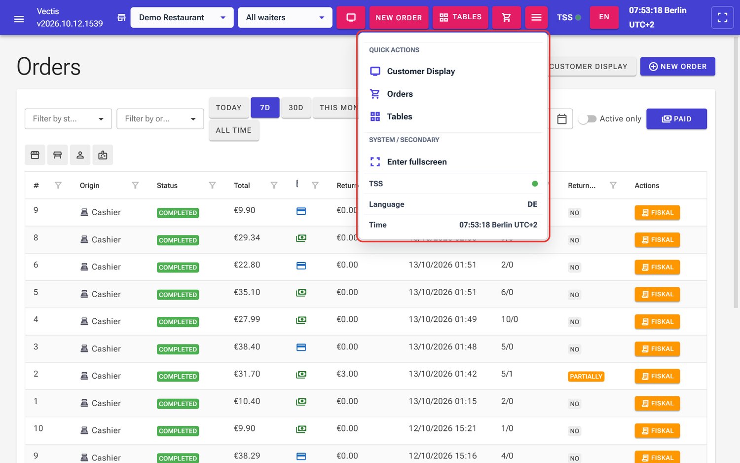 More POS actions on the Orders page (outlined in red)