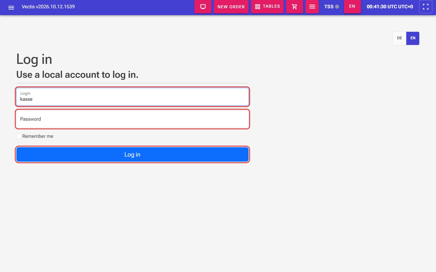 Login page with the Login and Password fields and the Log in button (outlined in red)