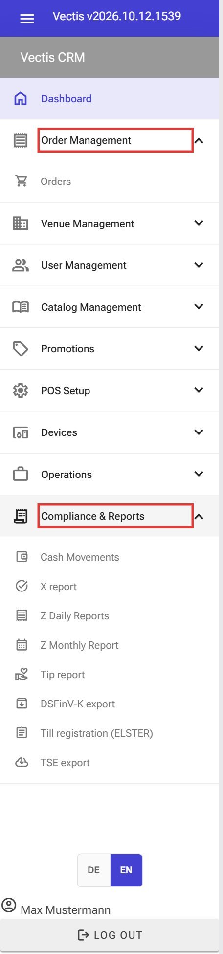 Side menu as administrator, Order Management and Compliance & Reports are expanded
