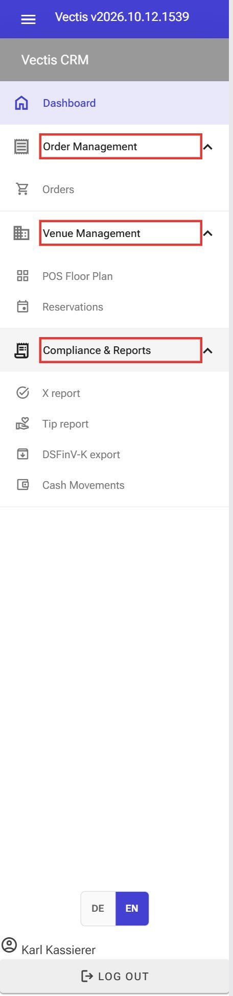 Side menu as cashier: Order Management, Venue Management and Compliance & Reports with X report, Tip report, DSFinV-K export and Cash Movements