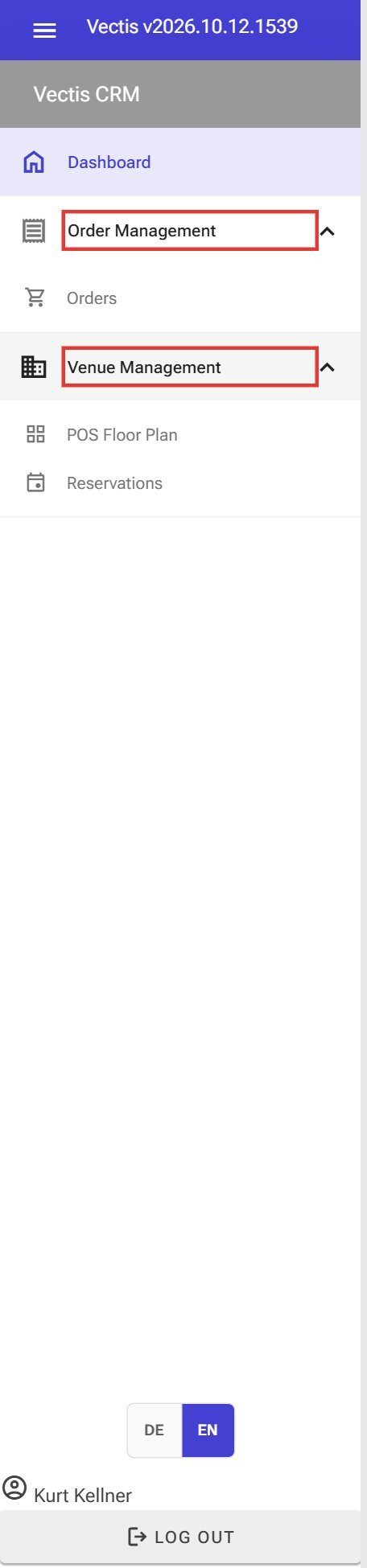 Side menu as waiter: only Order Management and Venue Management