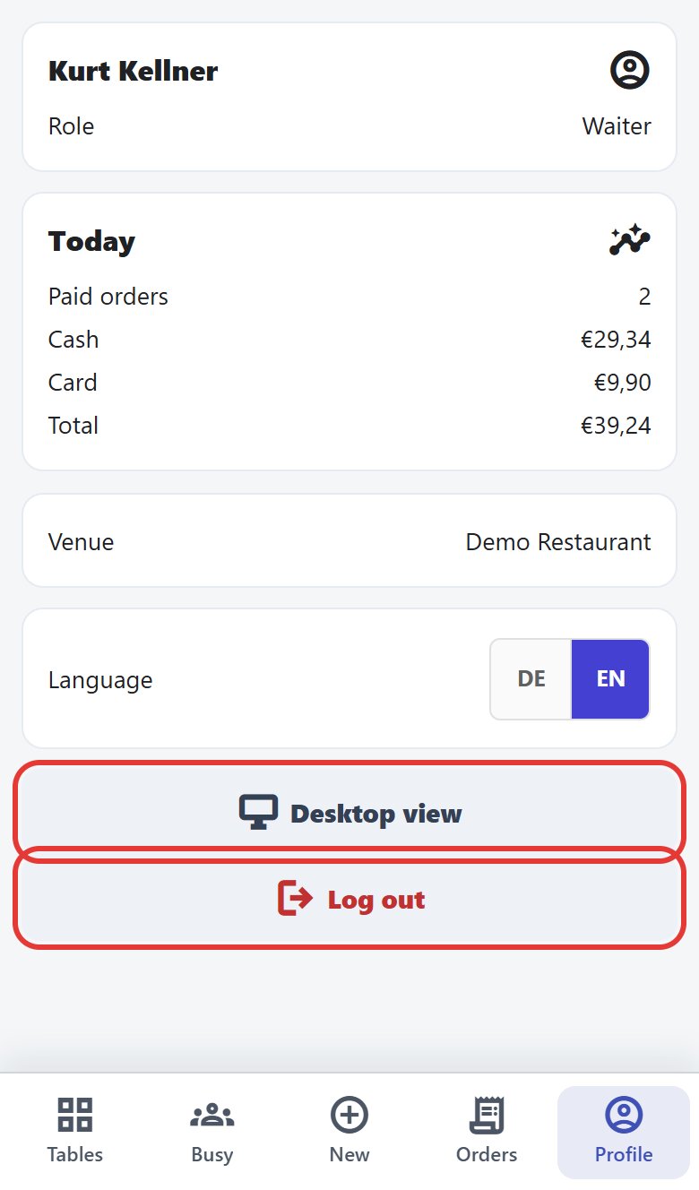 Waiter's mobile profile: today 2 paid orders, cash €29,34, card €9,90, total €39,24; Desktop view and Log out are outlined in red