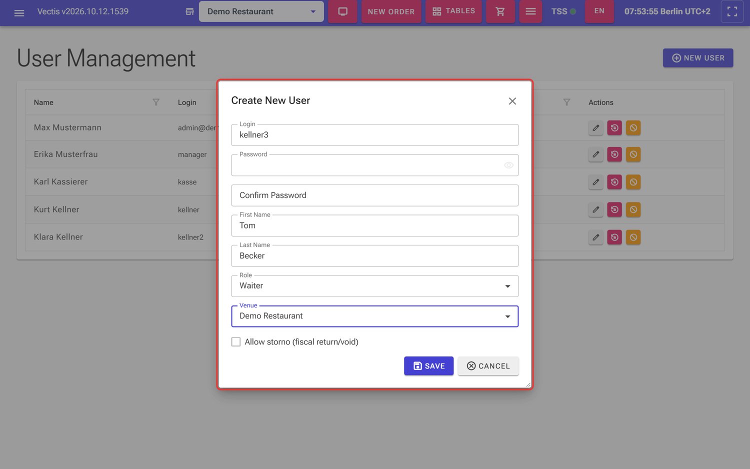 Create New User window with login kellner3, Tom Becker, role Waiter and venue Demo Restaurant