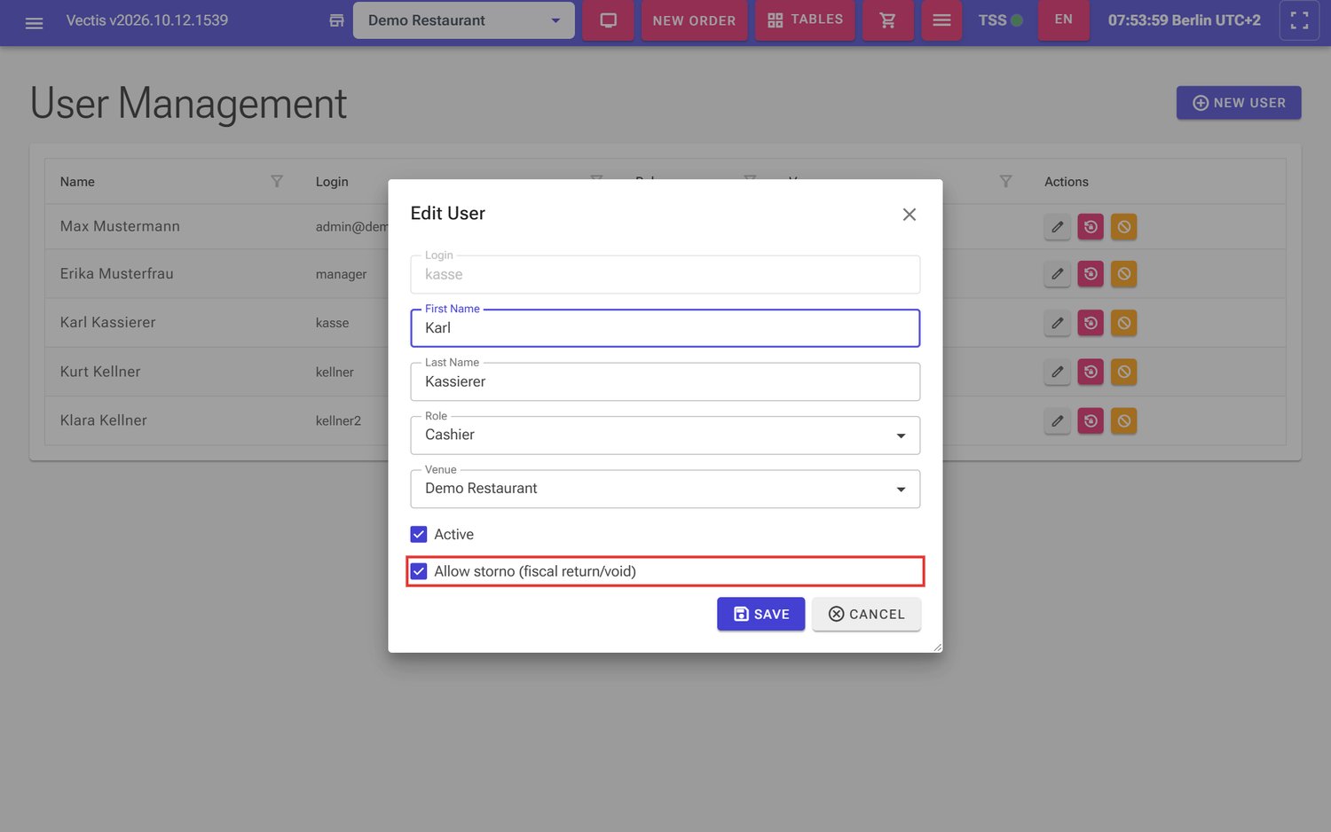 Edit User window for the cashier «kasse»: Active and Allow storno (outlined in red) are ticked