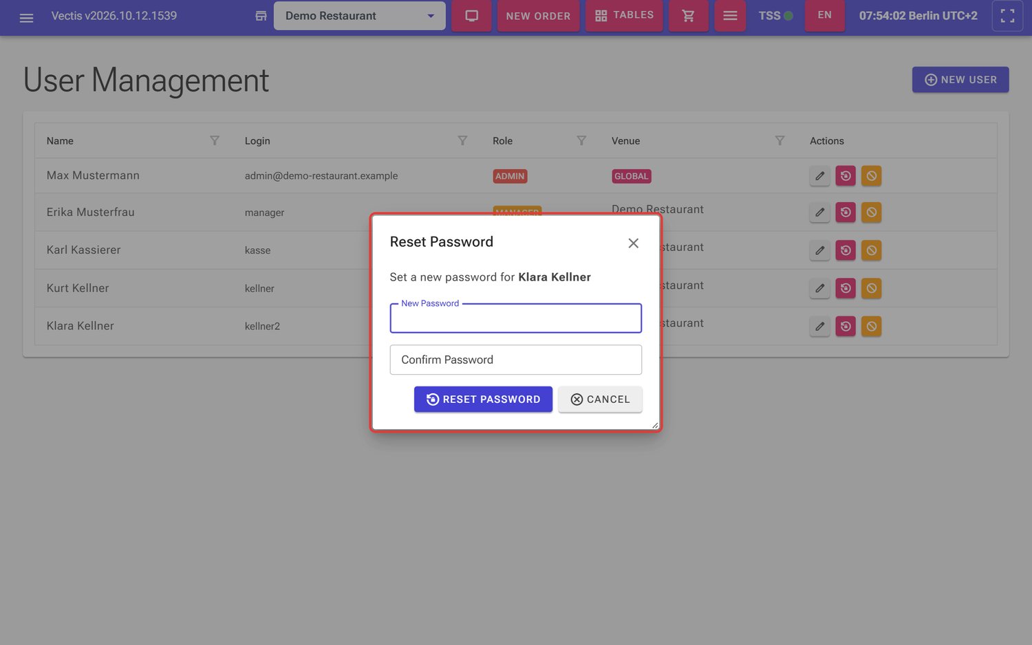 Reset Password window for «Klara Kellner»