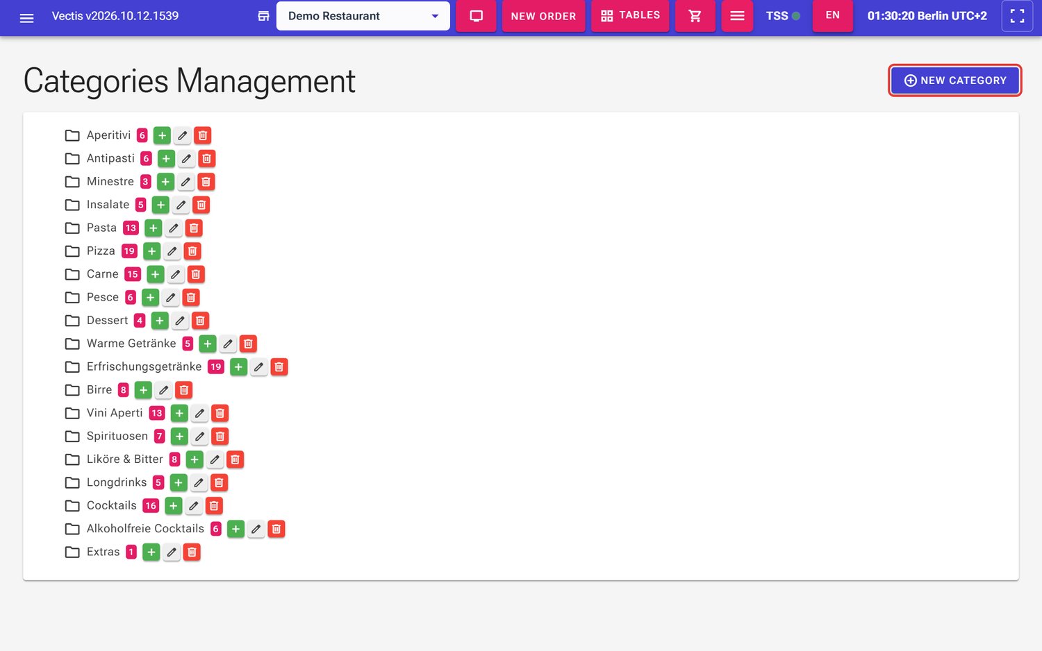Category tree with the "New Category" button (outlined in red)