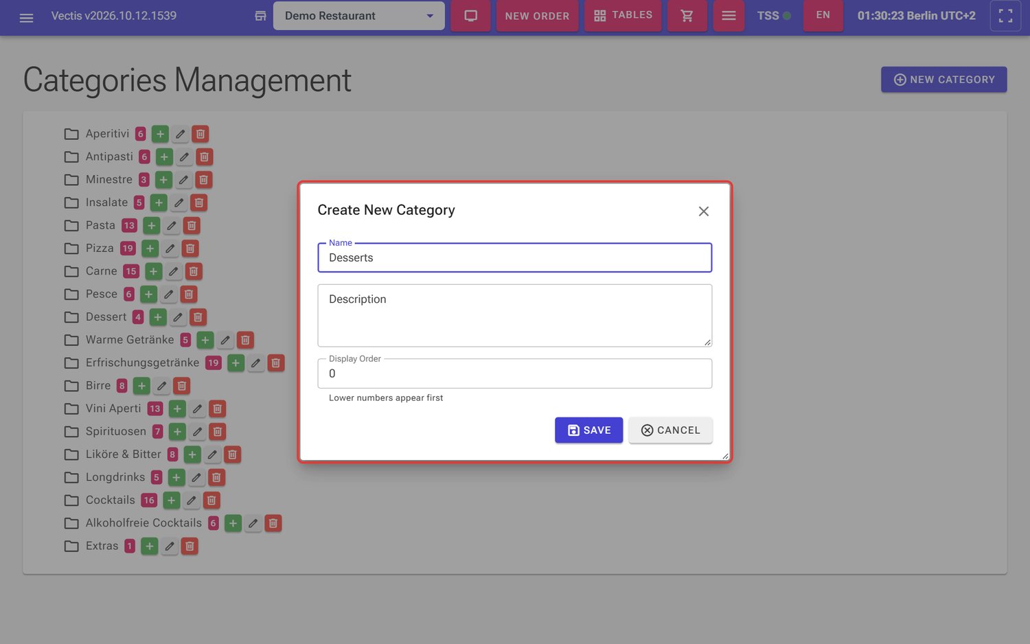 Create New Category window with name and display order