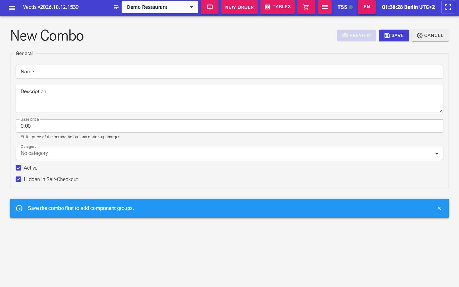 Empty "New Combo" page with the hint "Save the combo first to add component groups."