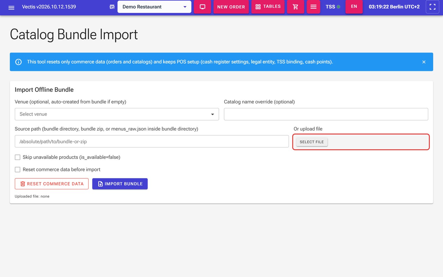 Catalog Bundle Import page; the "Or upload file" field for the bundle file is outlined in red