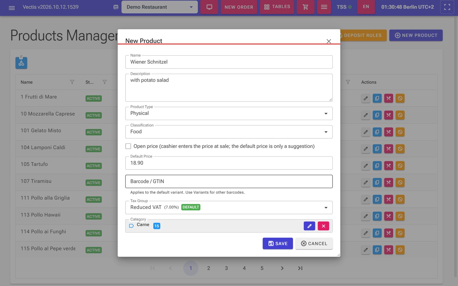 Filled-in "New Product" window for the Wiener Schnitzel