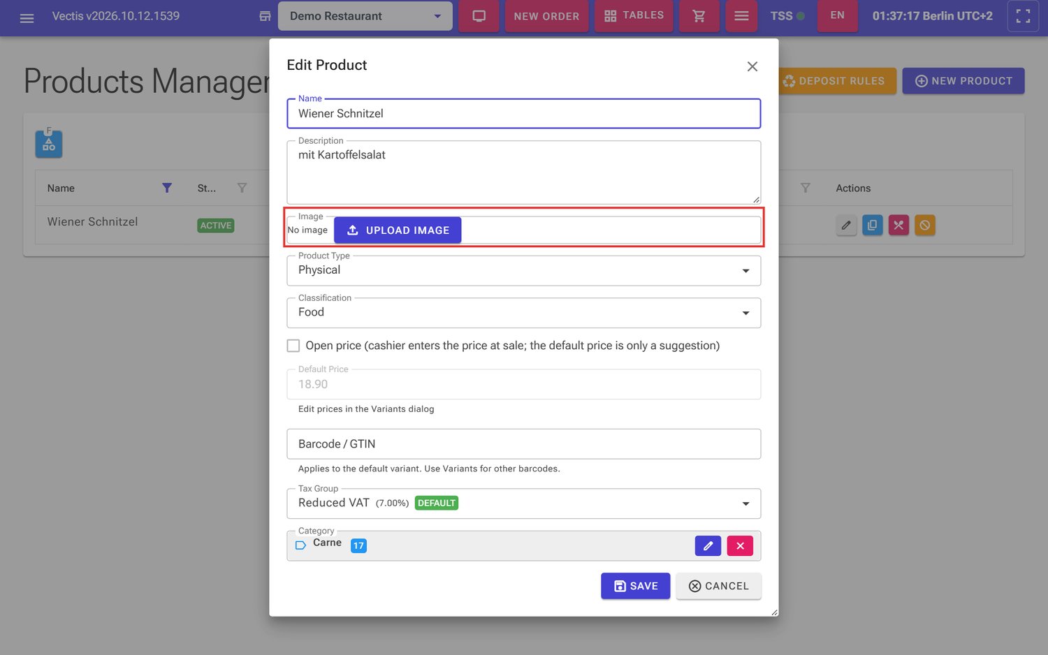 Edit Product window with the Image field and the "Upload image" button (outlined in red)