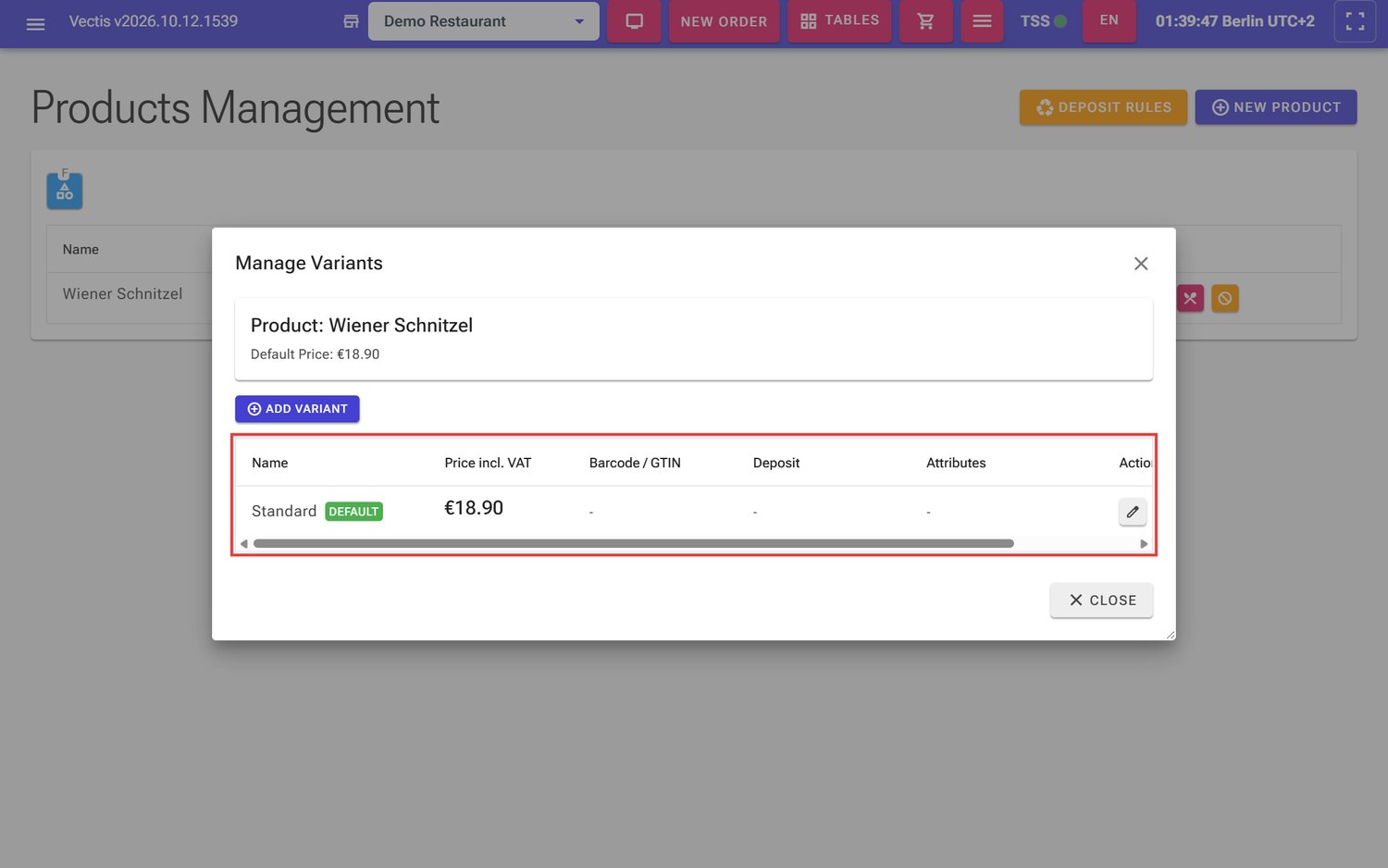 Manage Variants window for the Wiener Schnitzel with the variant "Standard"