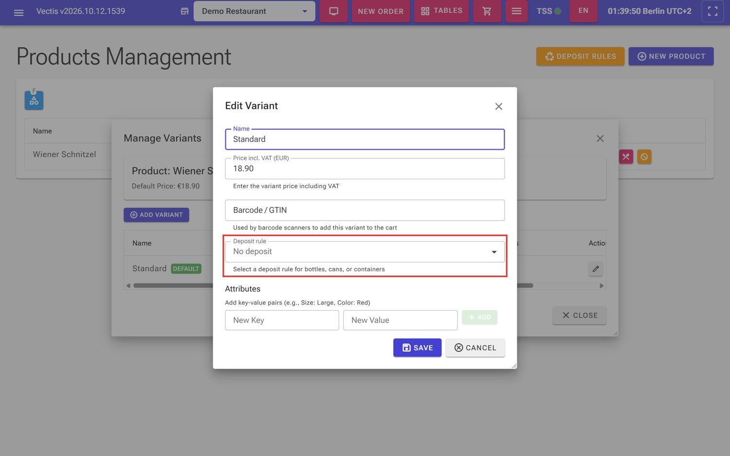 Edit Variant window with price, barcode and deposit rule