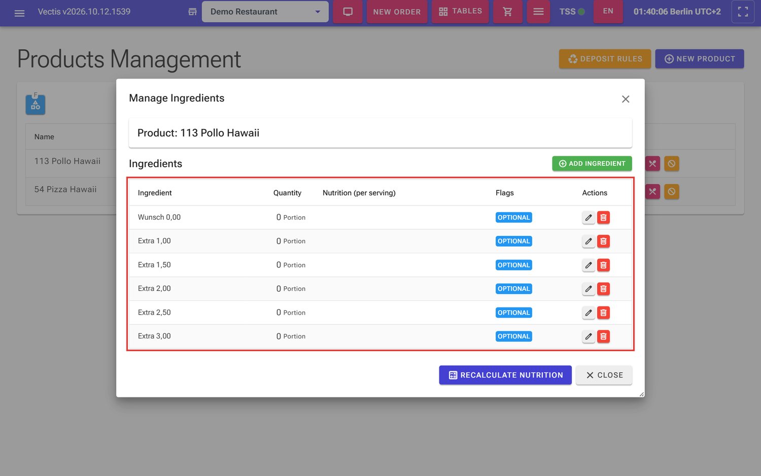 Manage Ingredients window for 113 Pollo Hawaii with optional extras