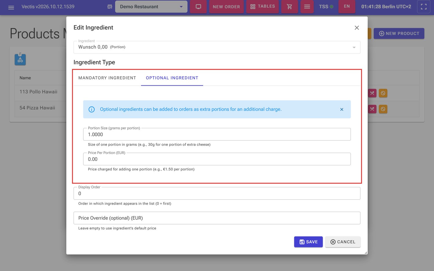 Optional Ingredient tab with portion size and price per portion (outlined in red)